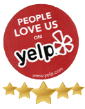 A circular red Yelp badge with white text reading "PEOPLE LOVE US ON" and "www.yelp.com" in white text. The Yelp logo, a stylized white star shape, is positioned on the right side of the text. Below the Yelp badge are five gold-colored stars arranged in a horizontal line, each star having a 3D effect with a subtle shadow. The stars are perfectly aligned and evenly spaced. The entire image has a clean, professional appearance with high contrast between the red background and white text elements.