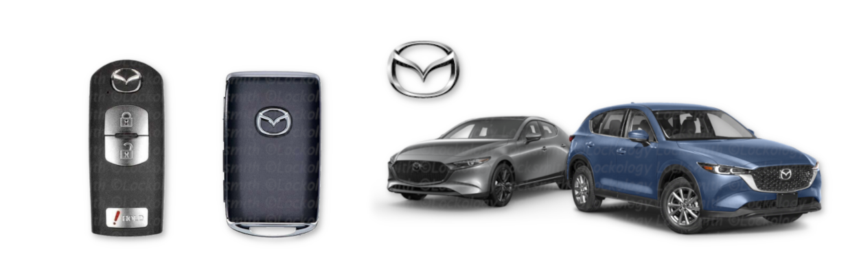 A product showcase of Mazda vehicles and accessories on a white background. On the left side, there are two black Mazda key fobs - one showing the front face with the Mazda logo and another showing the back side with a leather-like texture. In the center, there is a silver Mazda logo emblem. On the right side, there are two Mazda vehicles - a silver Mazda 3 sedan and a blue Mazda CX-5 SUV, both shown at three-quarter angles facing right. The vehicles are rendered in high detail with realistic reflections and shadows. The image has a clean, professional automotive presentation style with even lighting and no shadows.