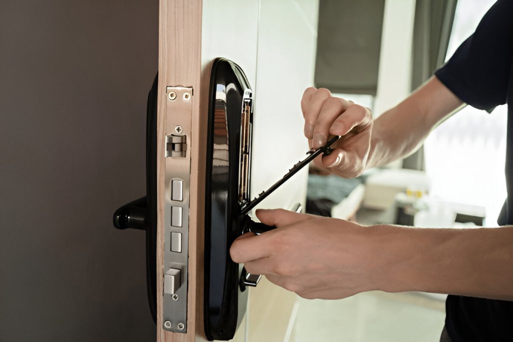 A close-up photograph of hands installing or repairing a modern black door lock mechanism. The lock is mounted on a light wooden door frame with visible mounting screws. The lock body is metallic with a sleek, contemporary design featuring multiple buttons and a keyhole. The hands are wearing a black short-sleeved shirt, and one hand is using a small screwdriver tool while the other hand is stabilizing the lock mechanism. The image is shot from a side angle, showing the left side of the door frame. The background is slightly blurred but shows a white interior wall. The lighting is natural and even, creating subtle shadows around the lock mechanism. The photograph has a professional quality with sharp focus on the hands and lock details.